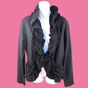 Cache Vintage Black Wool Ruffle Waterfall Front‎ Jacket Cardigan XL